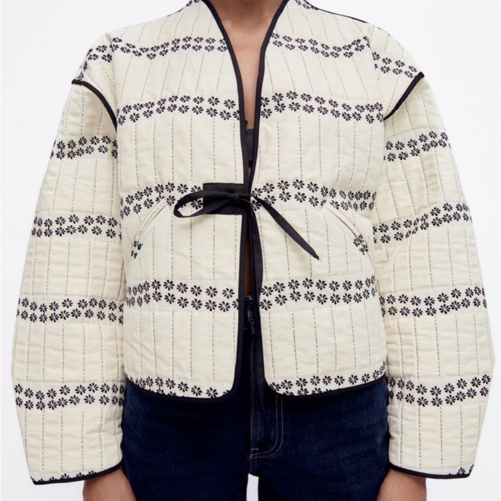 Zara Ecru Quilted Floral Stripe Tie-Front Jacket - Cream/Black